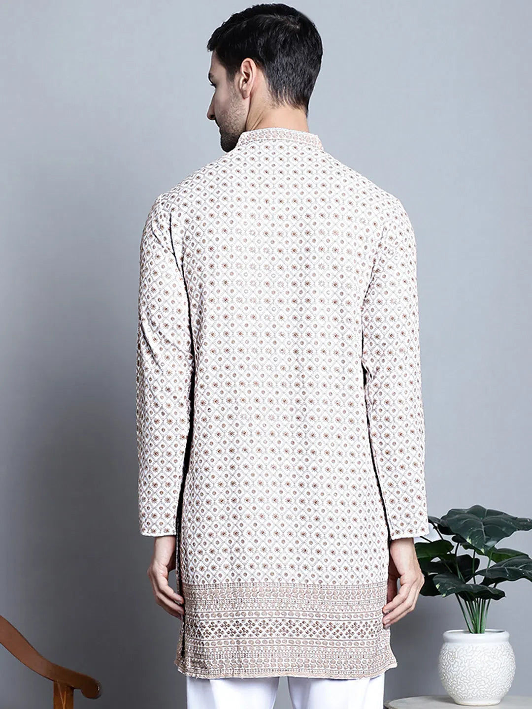 Beige Chikankari Mens Kurta Pajama Set - Floral Viscose Kurta