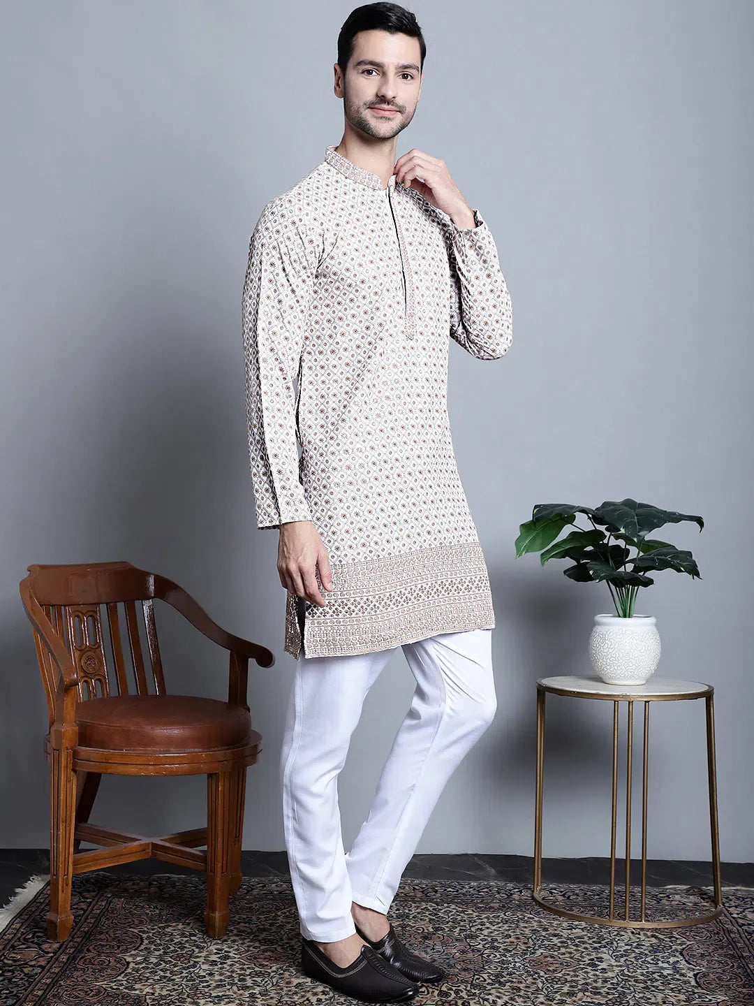 Beige Chikankari Mens Kurta Pajama Set - Floral Viscose Kurta