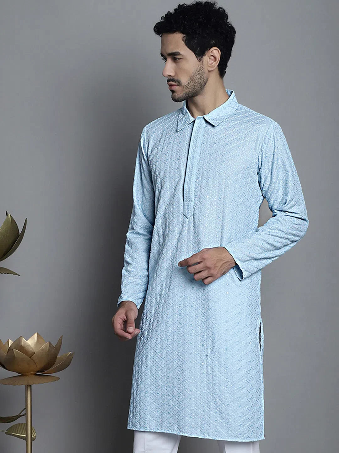 Men's Sky Blue Chikankari Kurta: Embroidered Viscose Rayon