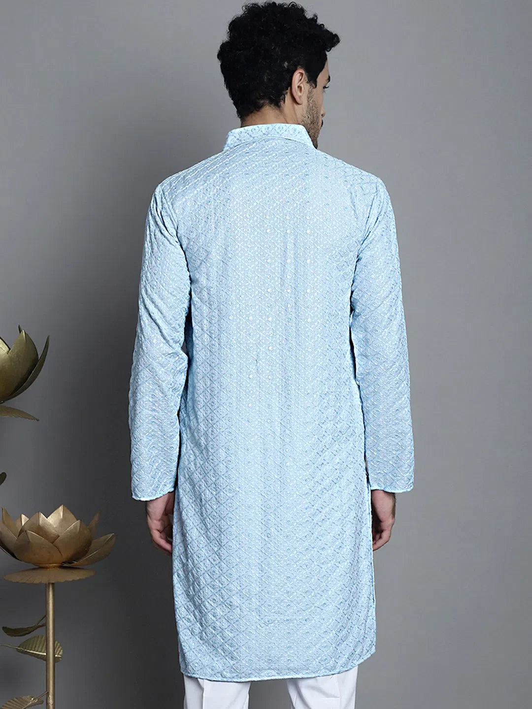 Men's Sky Blue Chikankari Kurta: Embroidered Viscose Rayon