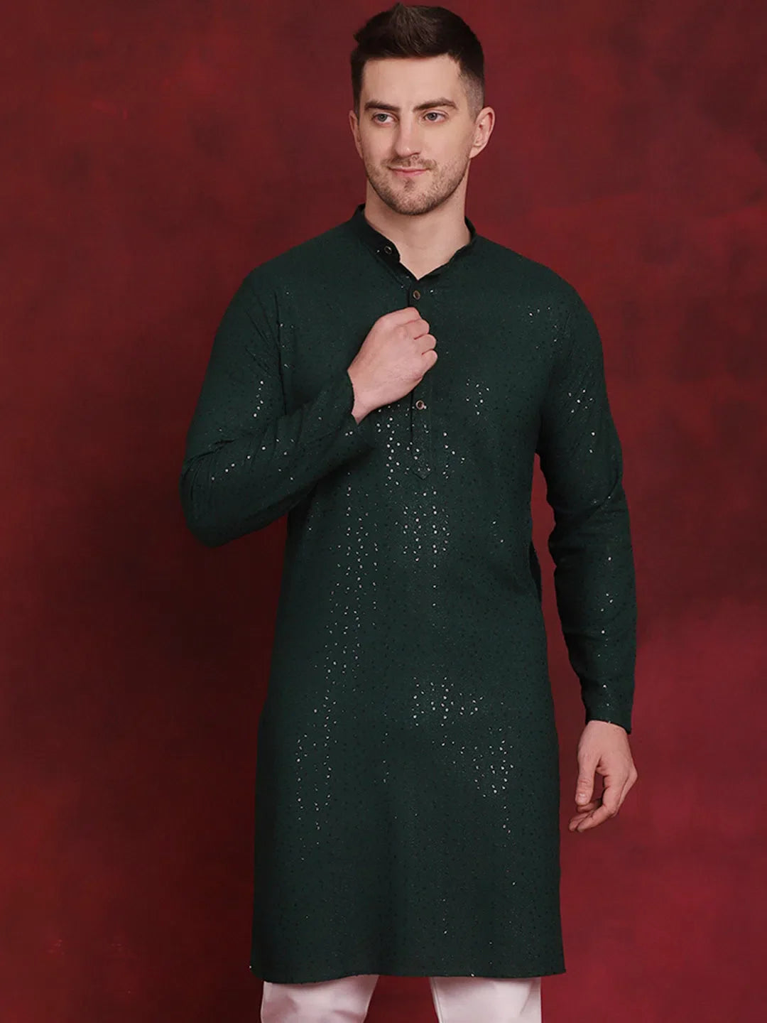 Olive Sequin Chikankari Mens Kurta | Viscose Kurta Pajama