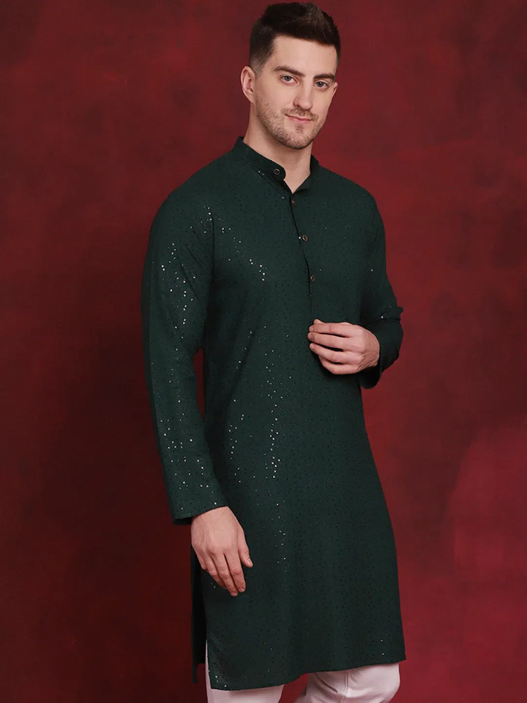Olive Sequin Chikankari Mens Kurta | Viscose Kurta Pajama