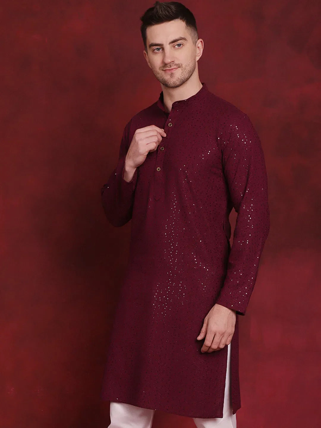 Purple Sequin Chikankari Mens Kurta | Viscose Kurta Pajama