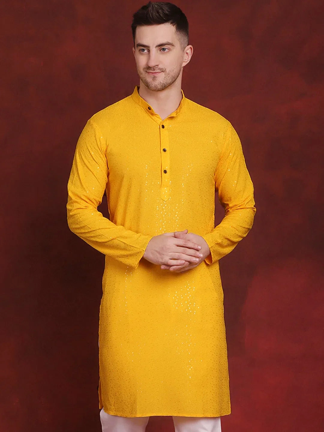 Yellow Sequin Chikankari Mens Kurta | Viscose Kurta Pajama