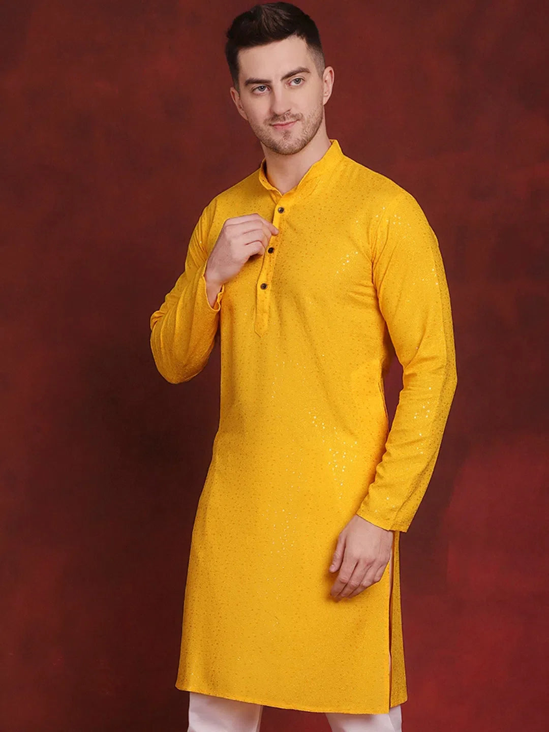 Yellow Sequin Chikankari Mens Kurta | Viscose Kurta Pajama