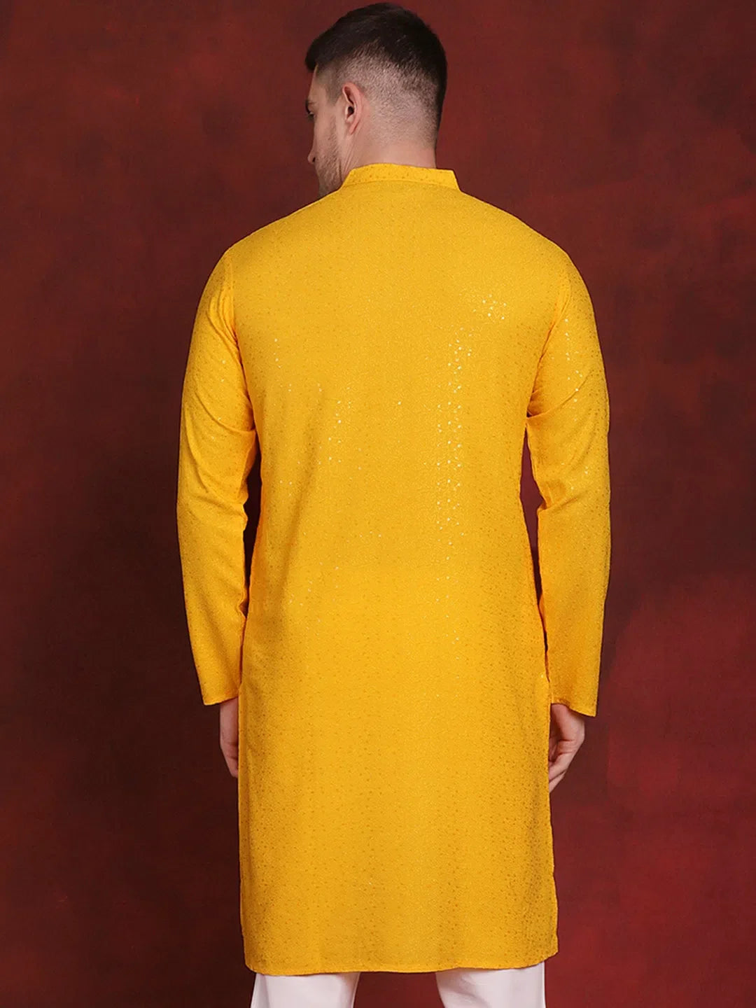 Yellow Sequin Chikankari Mens Kurta | Viscose Kurta Pajama