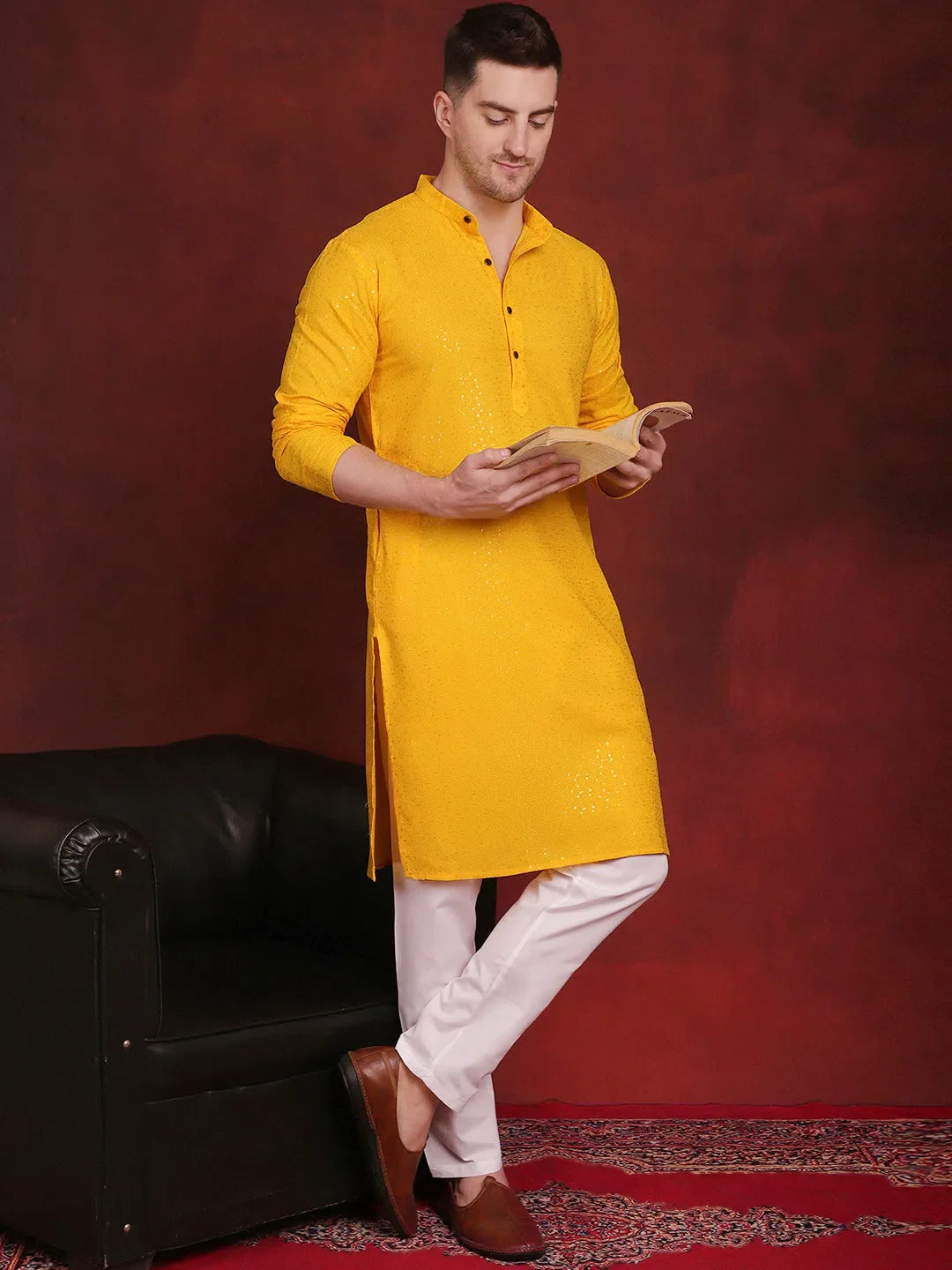 Yellow Sequin Chikankari Mens Kurta | Viscose Kurta Pajama