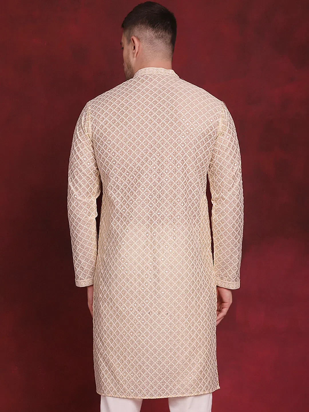 Golden Sequin Chikankari Silk Mens Kurta Pajama Set