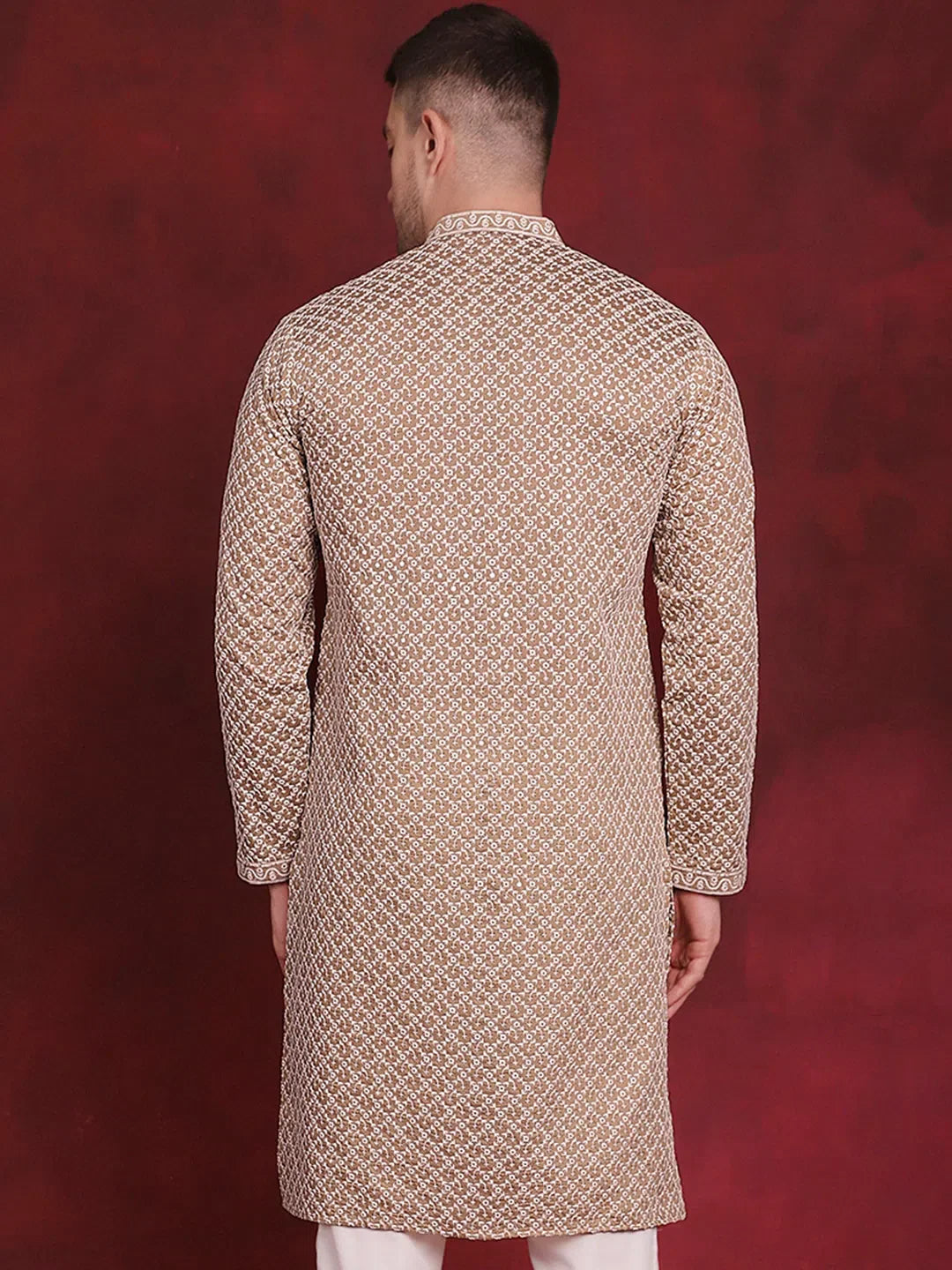 Beige Sequin Chikankari Mens Kurta | Front Open Pathani Style