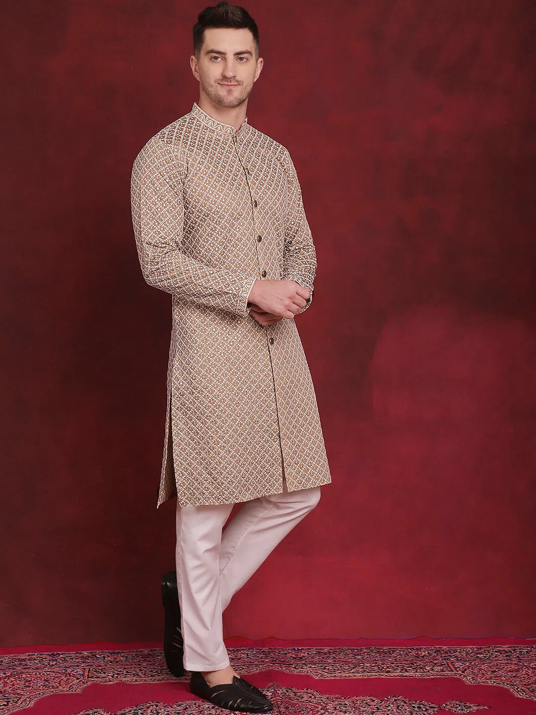 Beige Sequin Chikankari Mens Kurta | Front Open Pathani Style