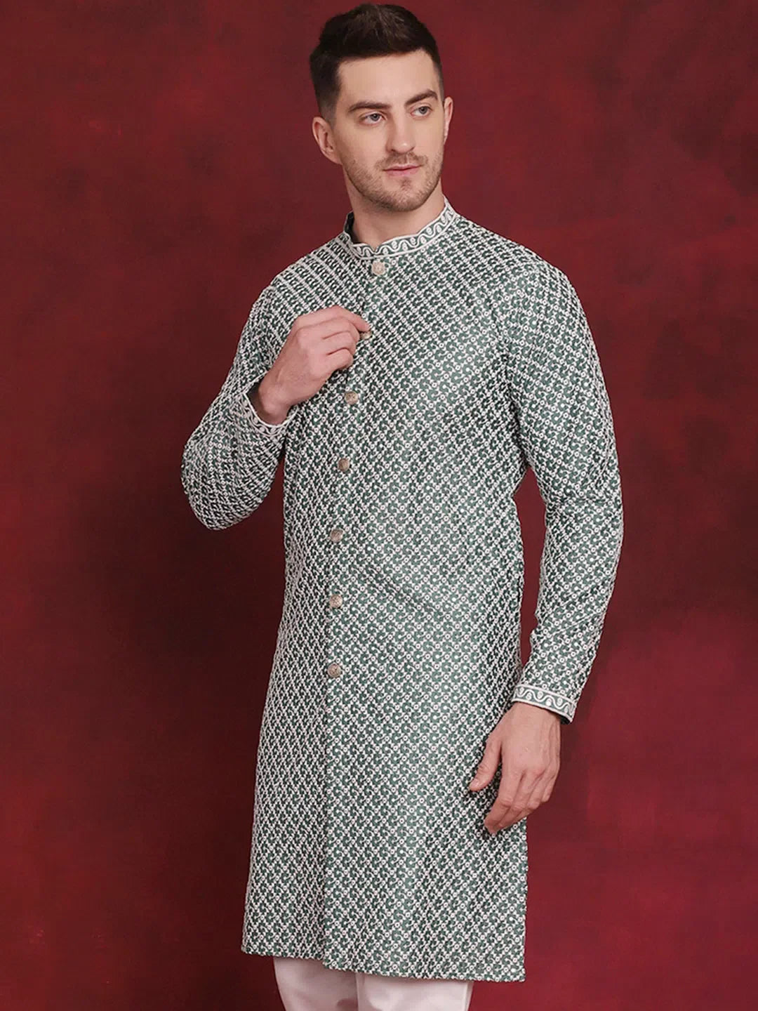 Green Sequin Chikankari Kurta: Front Open Mens Kurta Pajama