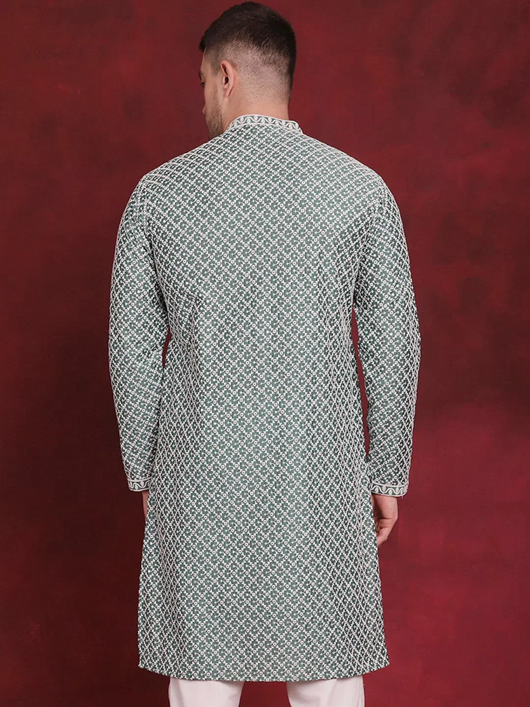 Green Sequin Chikankari Kurta: Front Open Mens Kurta Pajama