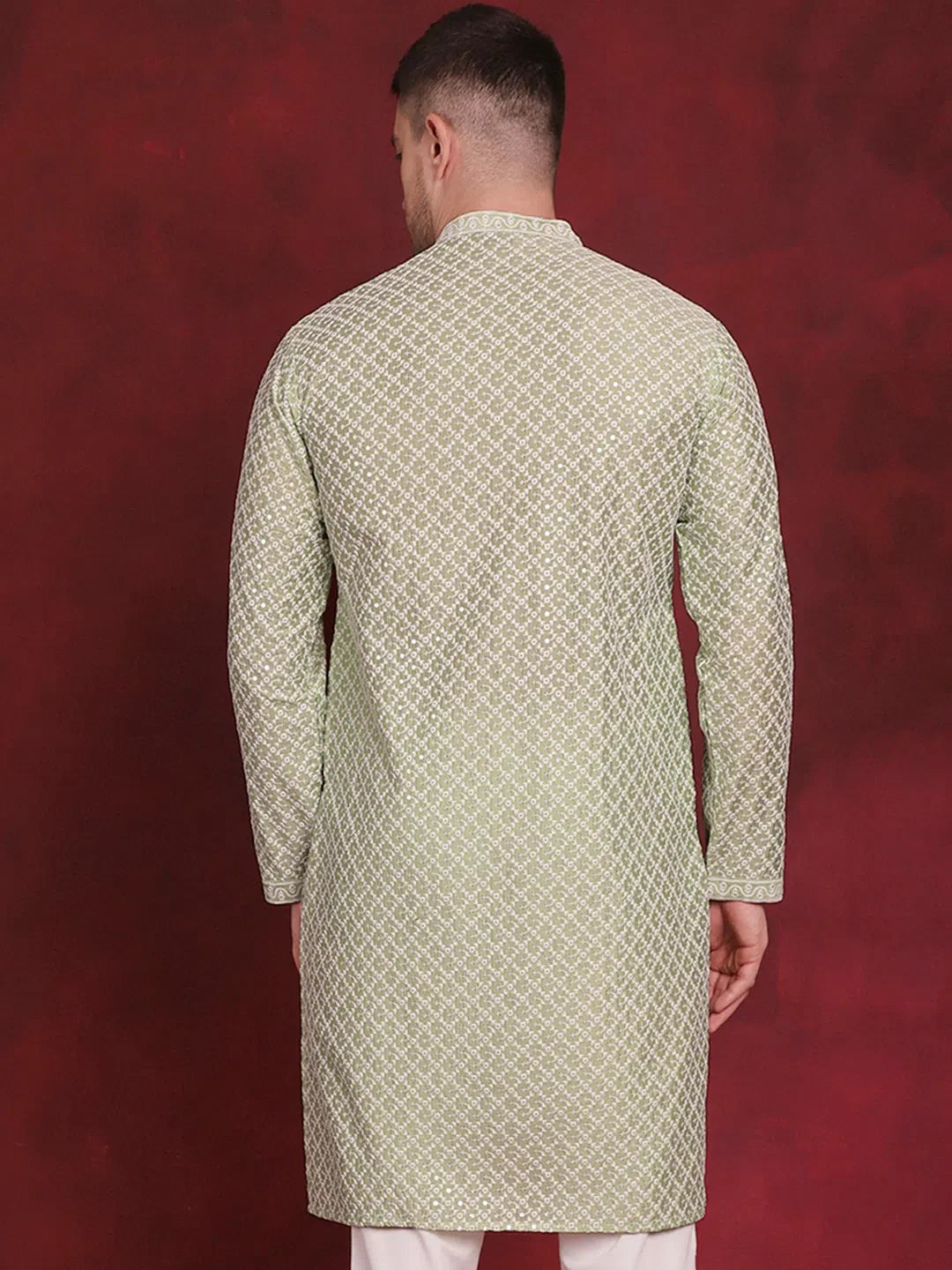 Pista Green Kurta: Sequin Chikankari Mens Kurta Pajama Set
