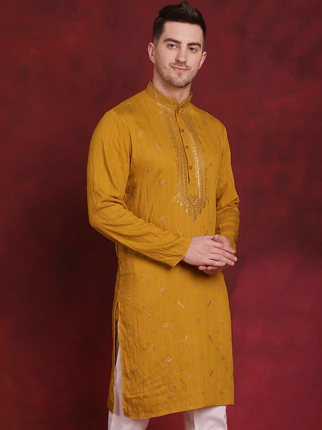 Mustard Sequin Embroidered Mens Kurta | Indian Kurta for Men