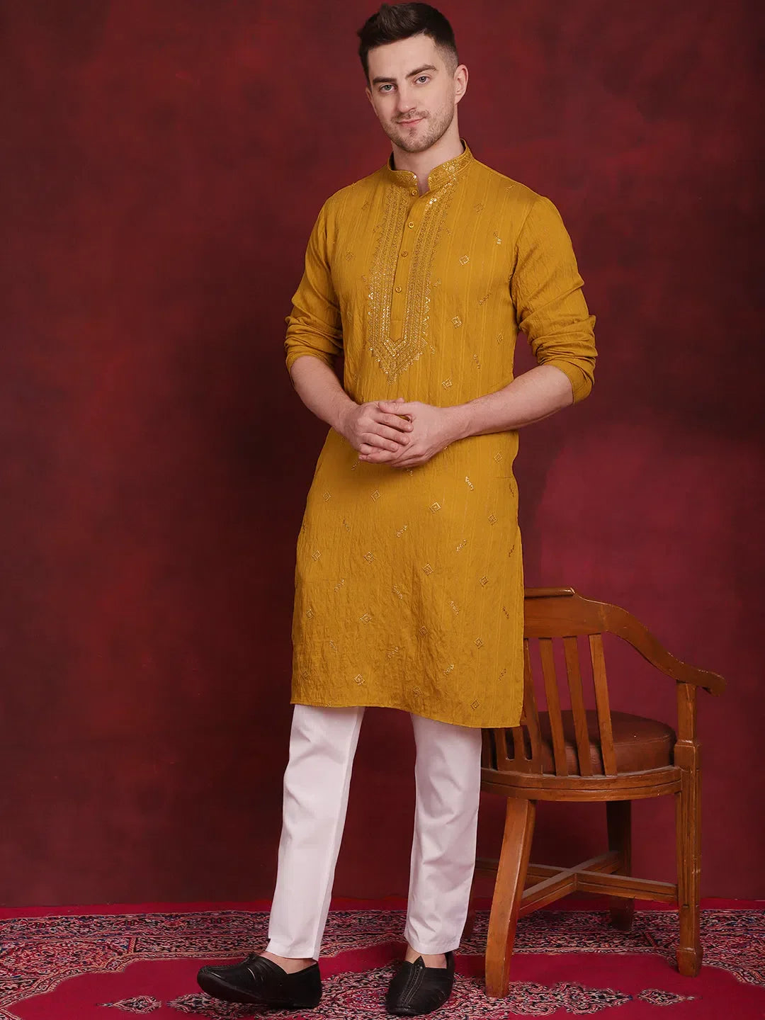 Mustard Sequin Embroidered Mens Kurta | Indian Kurta for Men