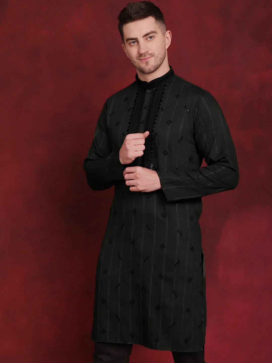 Olive Sequin Embroidered Mens Kurta | Indian Kurta for Men