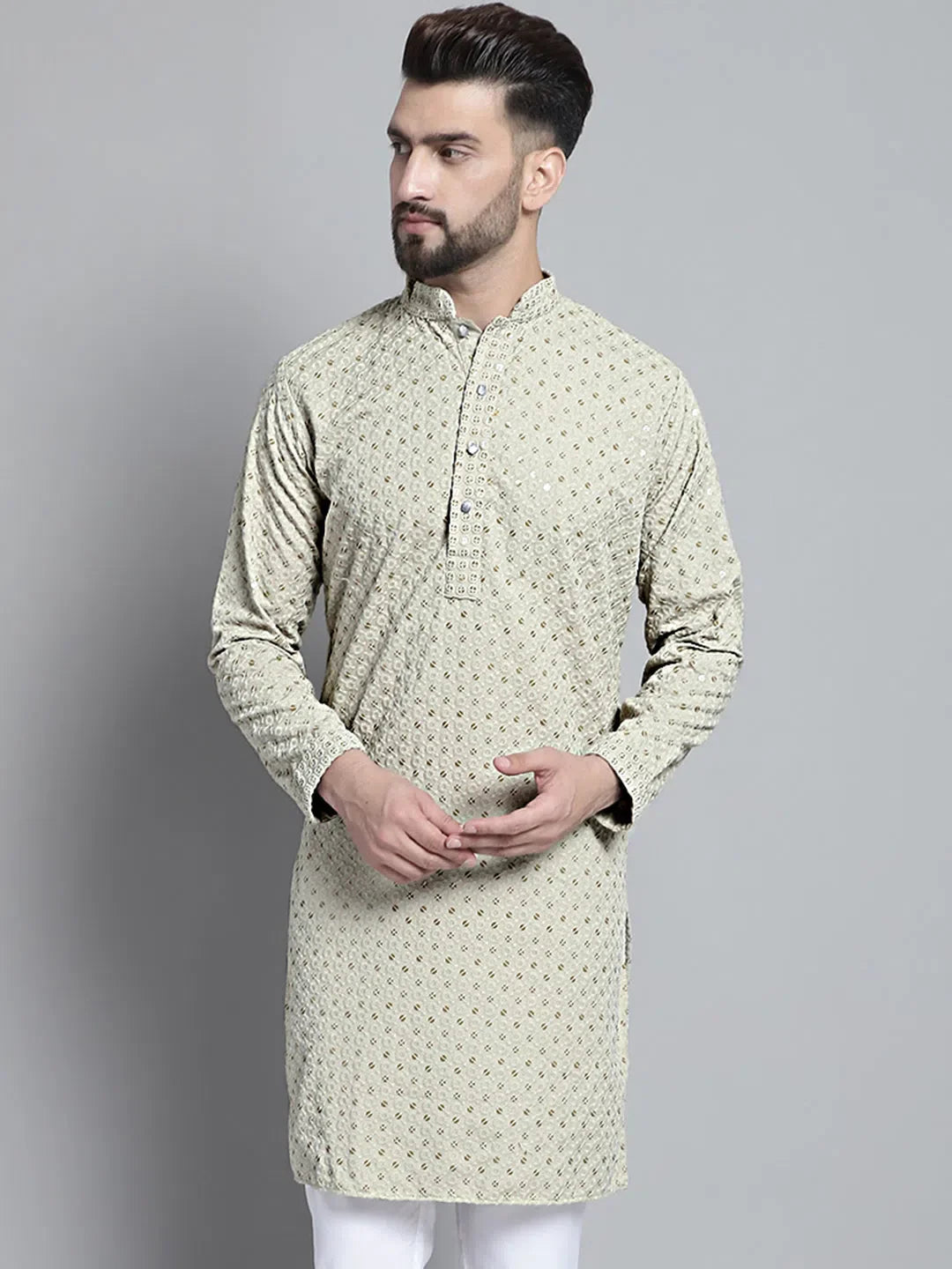 Beige Chikankari Kurta Pajama for Men | Embroidered Pathani