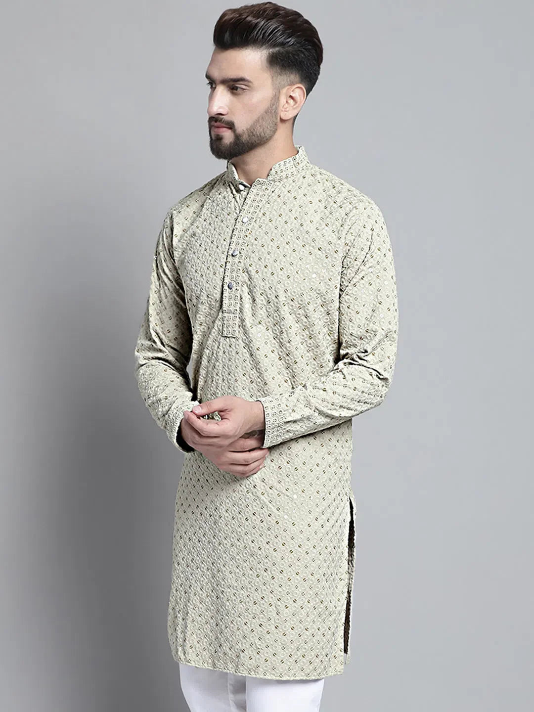 Beige Chikankari Kurta Pajama for Men | Embroidered Pathani