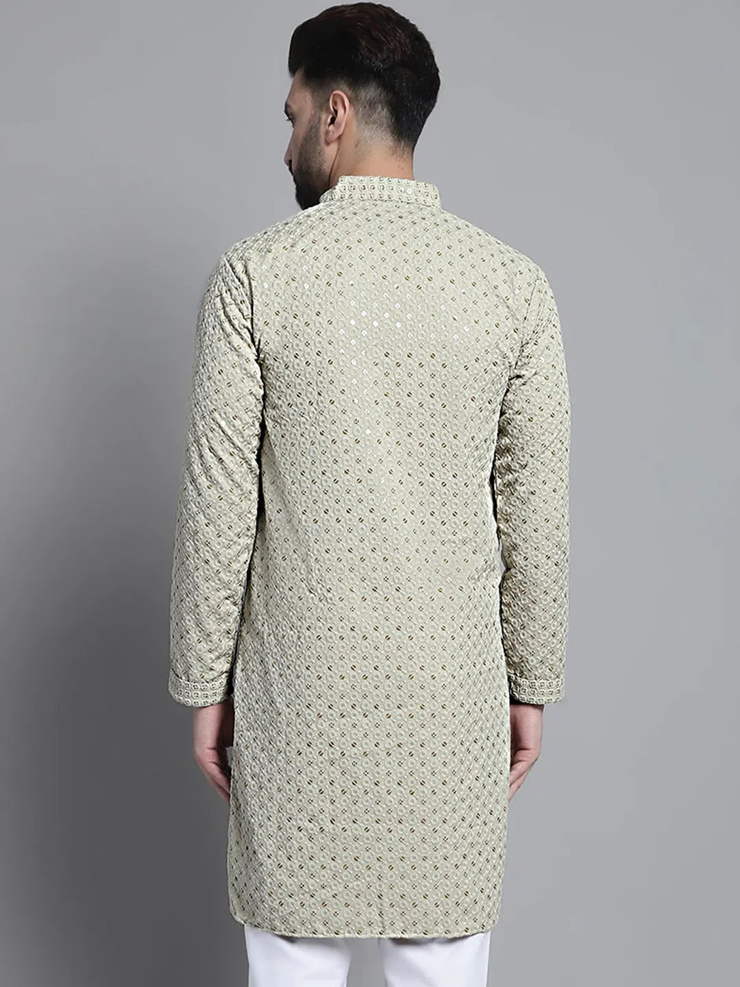 Beige Chikankari Kurta Pajama for Men | Embroidered Pathani