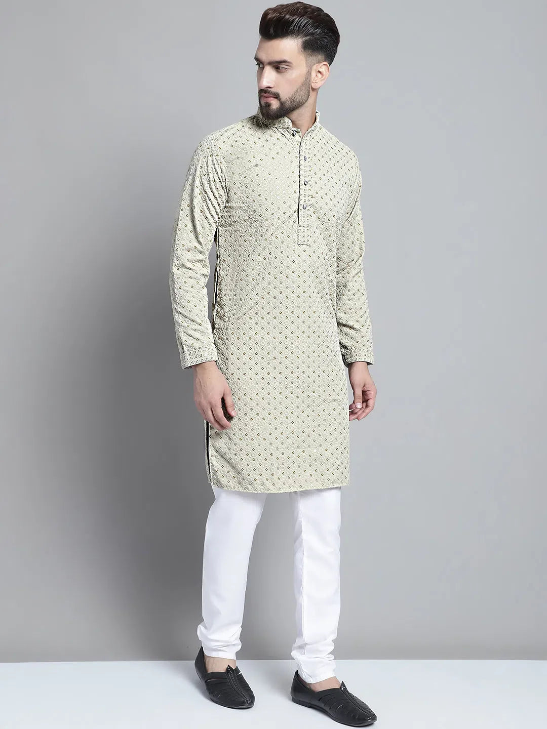 Beige Chikankari Kurta Pajama for Men | Embroidered Pathani
