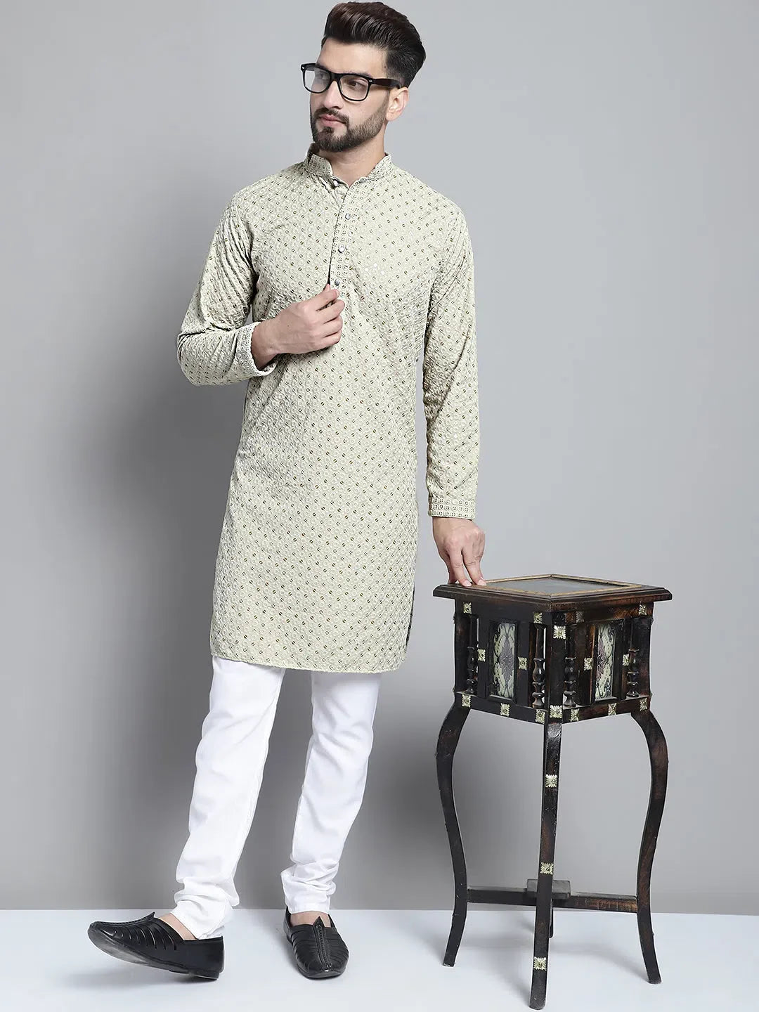 Beige Chikankari Kurta Pajama for Men | Embroidered Pathani