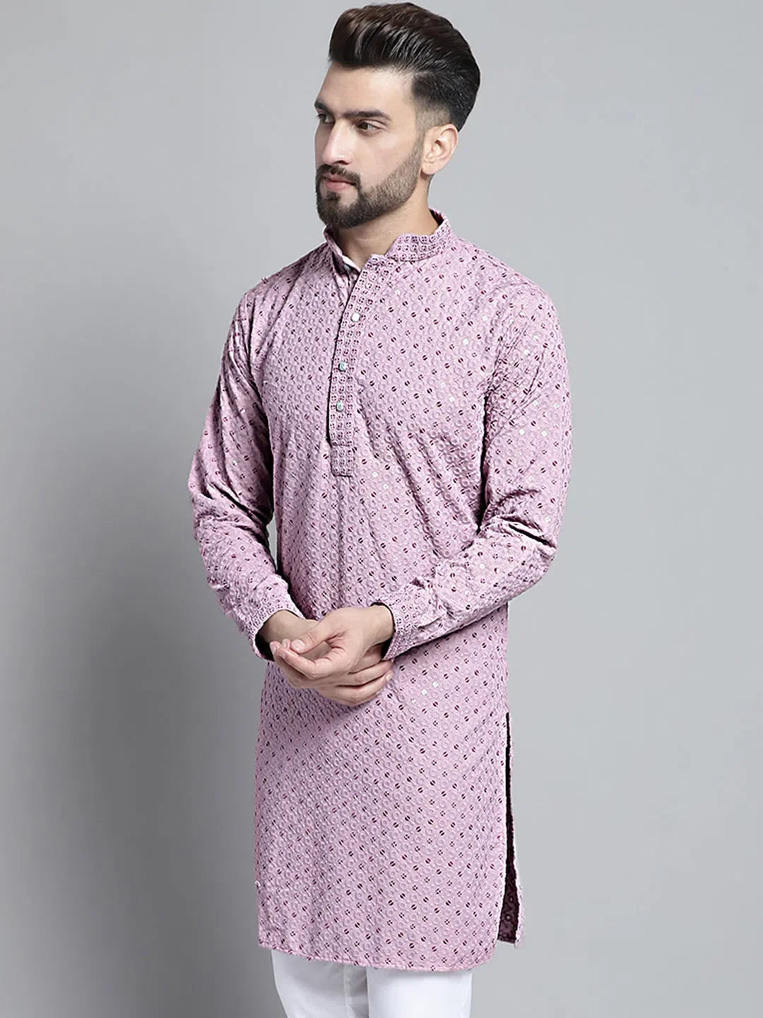 Purple Embroidered Mens Kurta Pajama Set: Chikankari Kurta