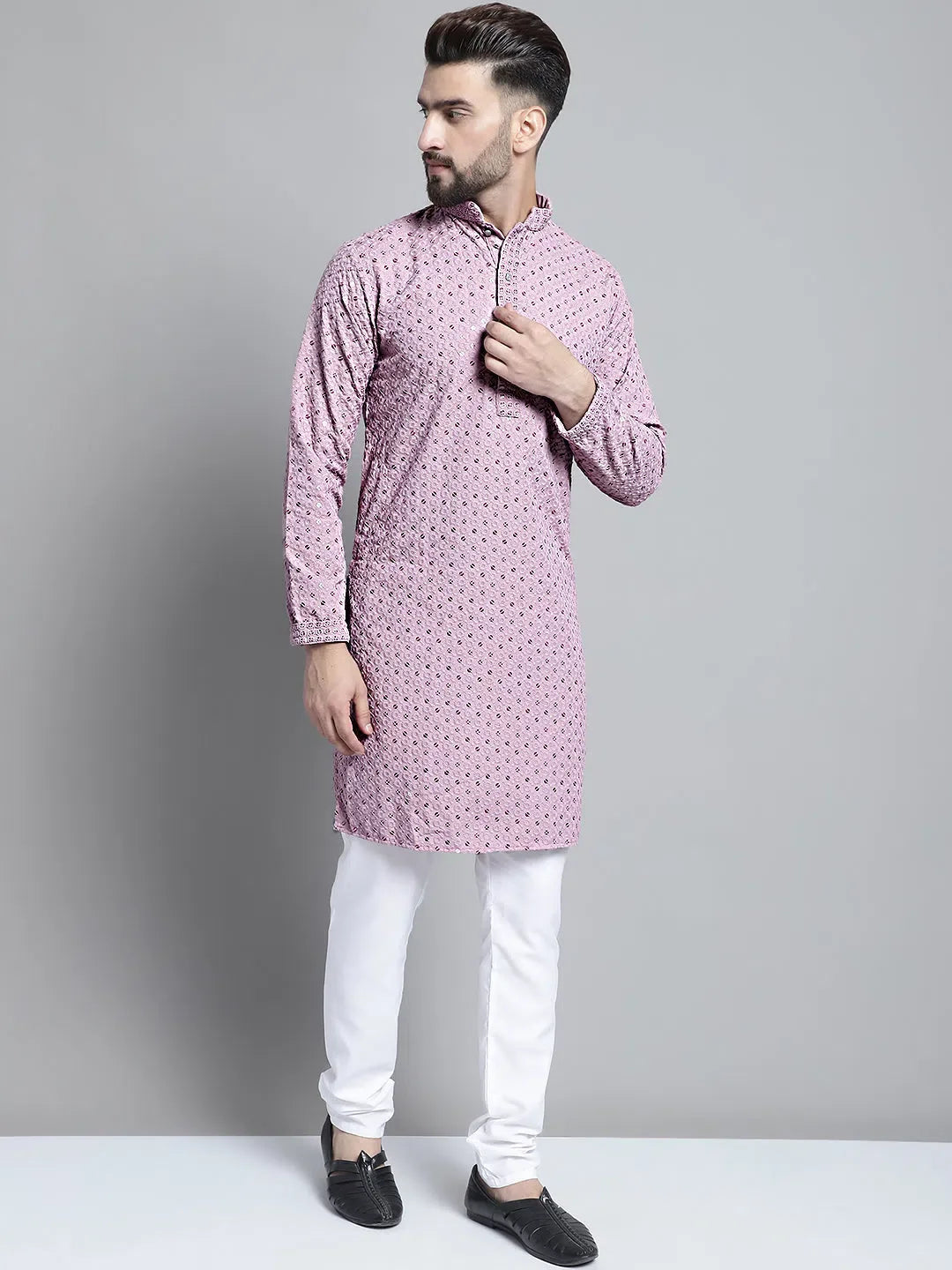 Purple Embroidered Mens Kurta Pajama Set: Chikankari Kurta