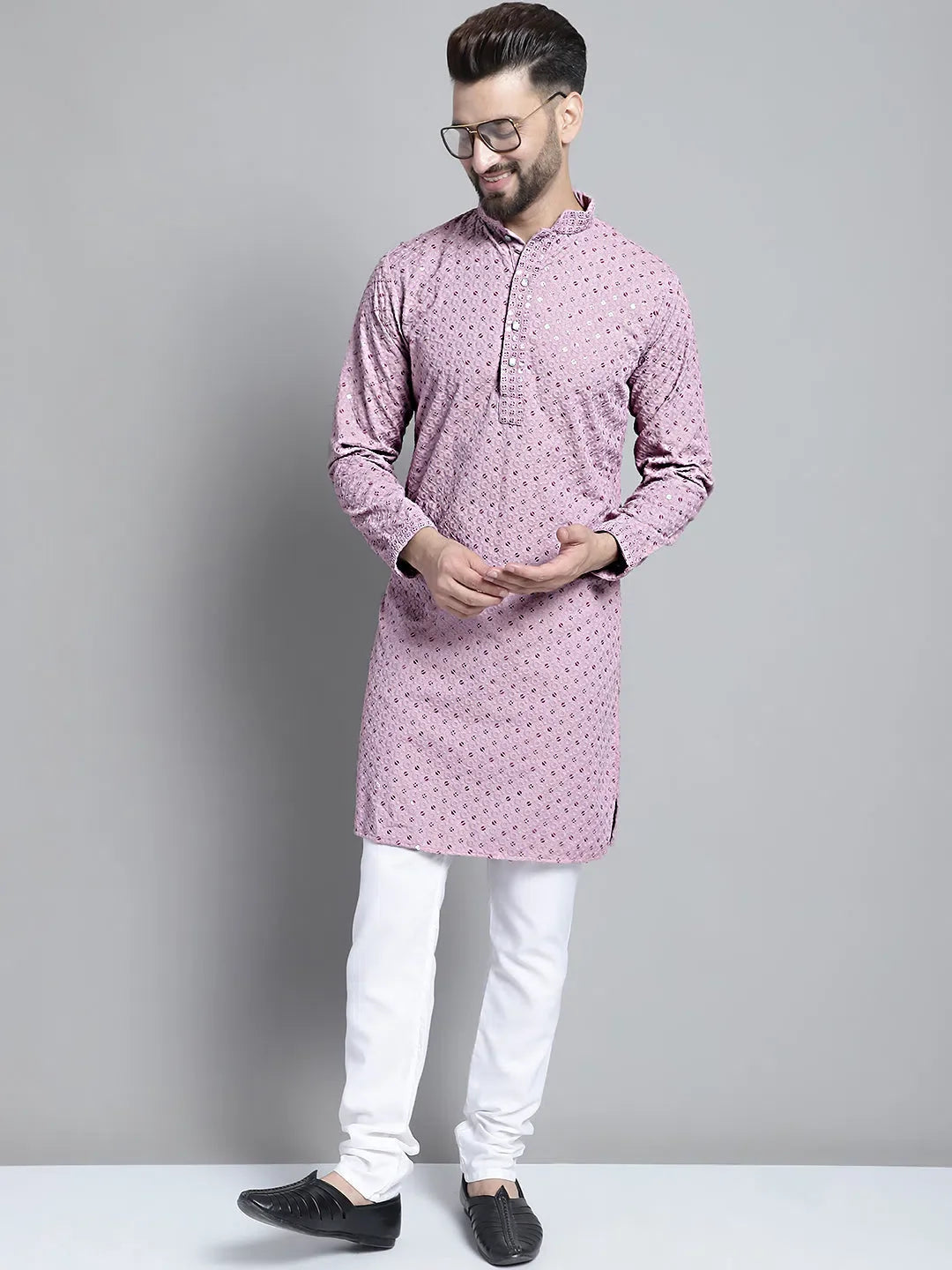 Purple Embroidered Mens Kurta Pajama Set: Chikankari Kurta