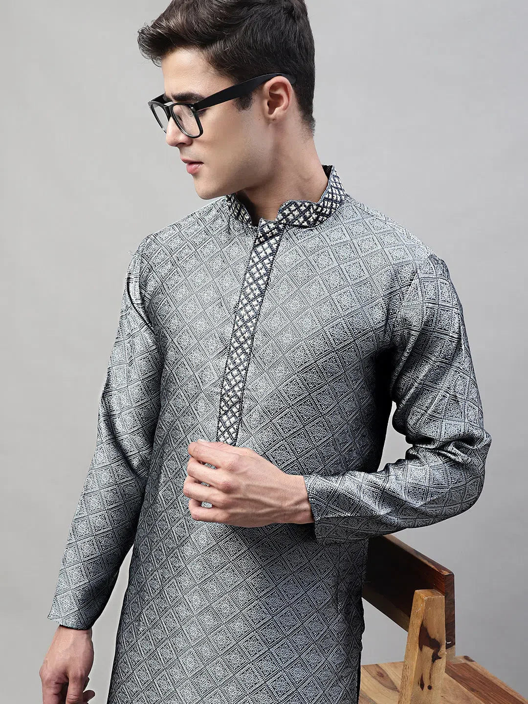 Grey Embroidered Men's Kurta | Cotton Indian Kurta for Men