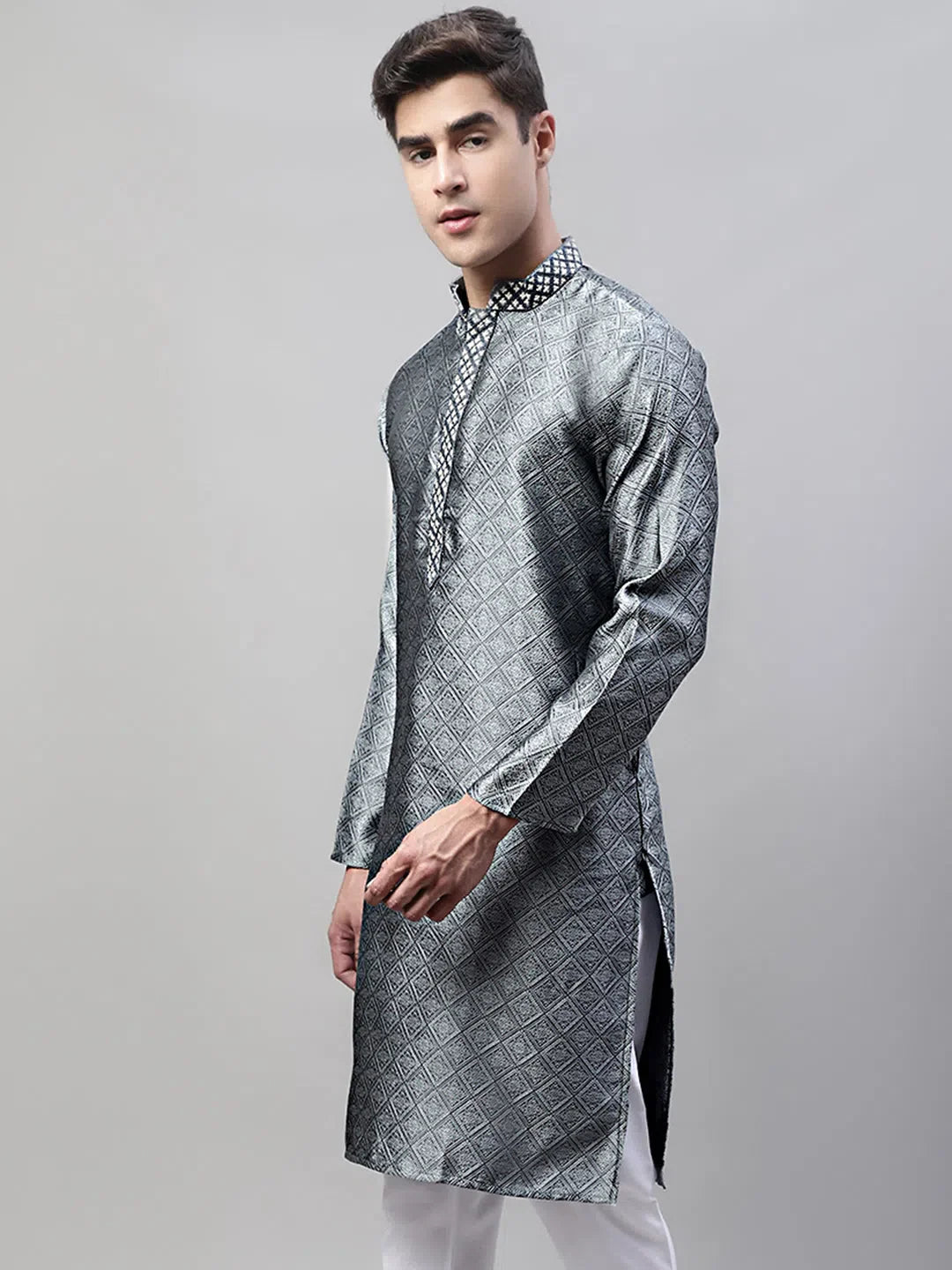 Grey Embroidered Men's Kurta | Cotton Indian Kurta for Men