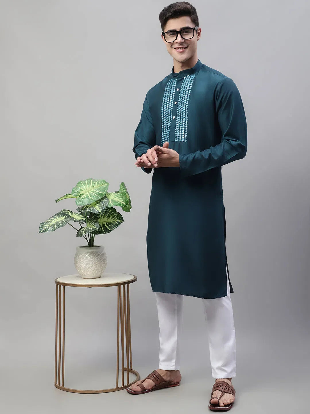 Teal Mirror Work Kurta: Mens Kurta Pajama Set | Ethnic Wear