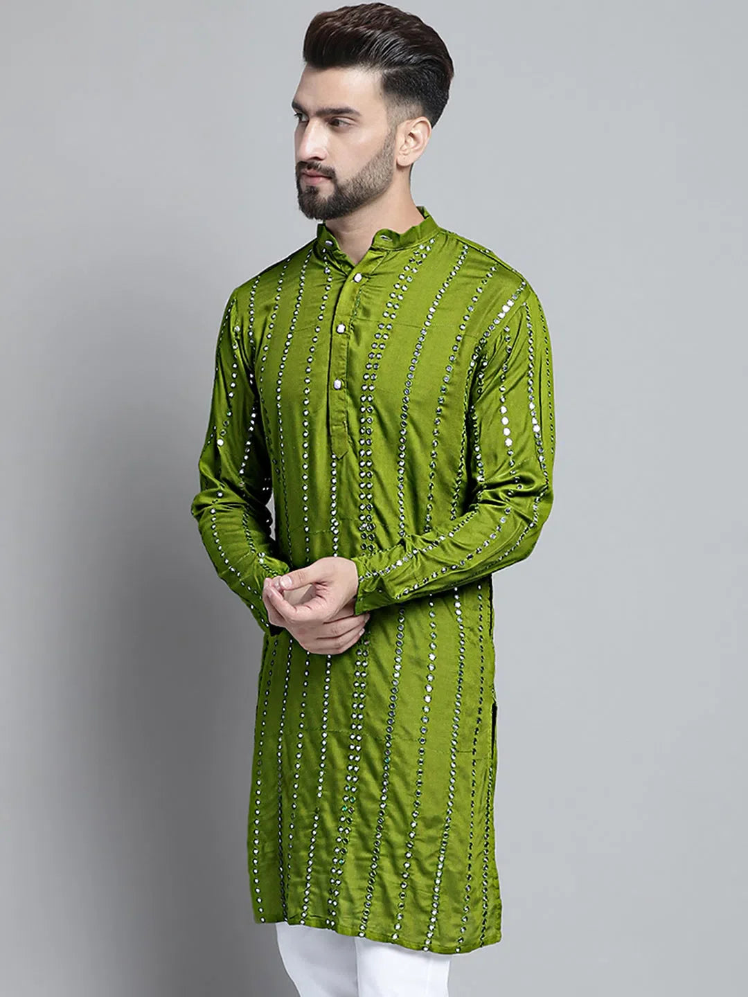 Olive Green Embroidered Kurta | Mens Kurta Pajama Set Style