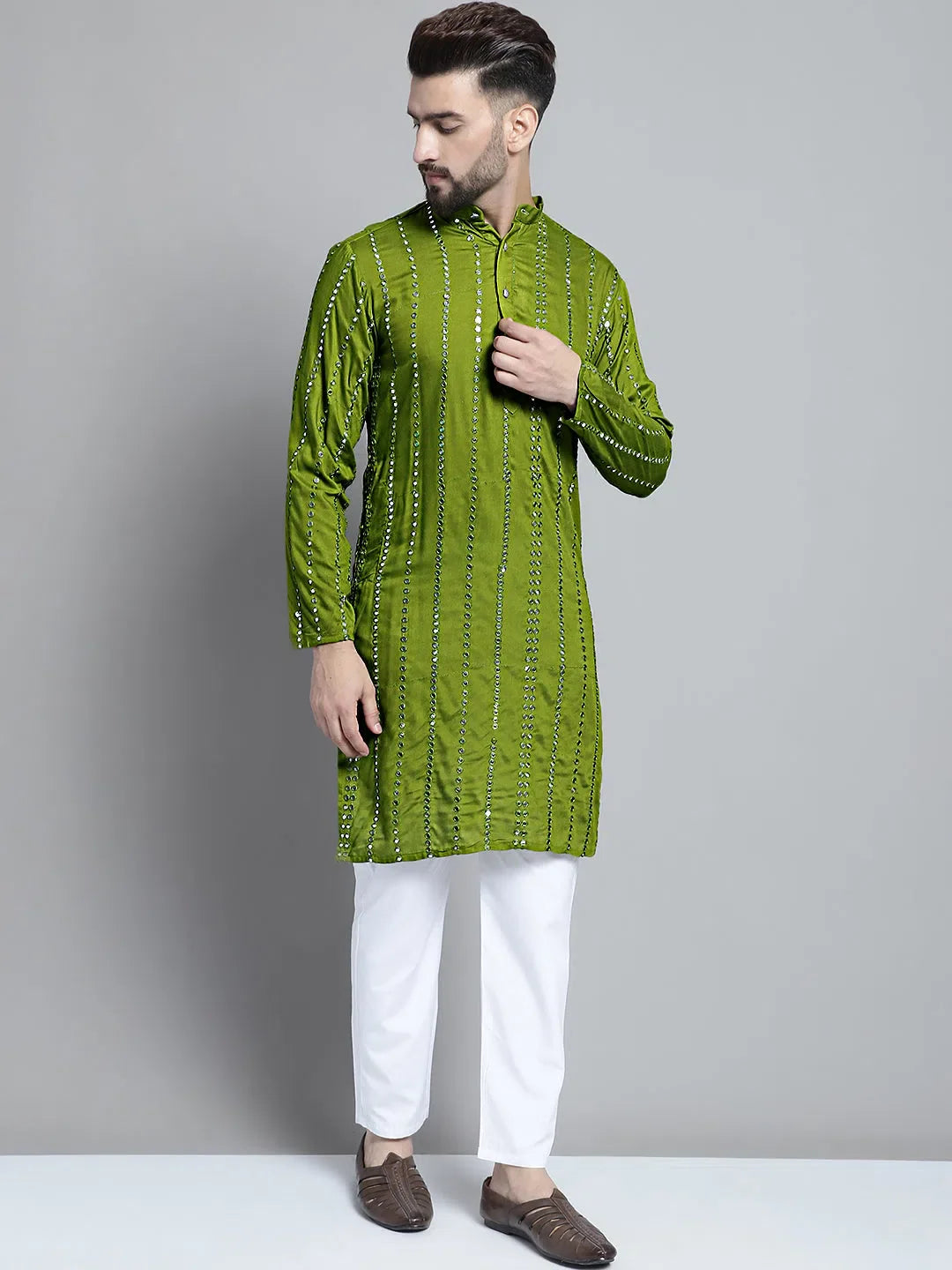Olive Green Embroidered Kurta | Mens Kurta Pajama Set Style