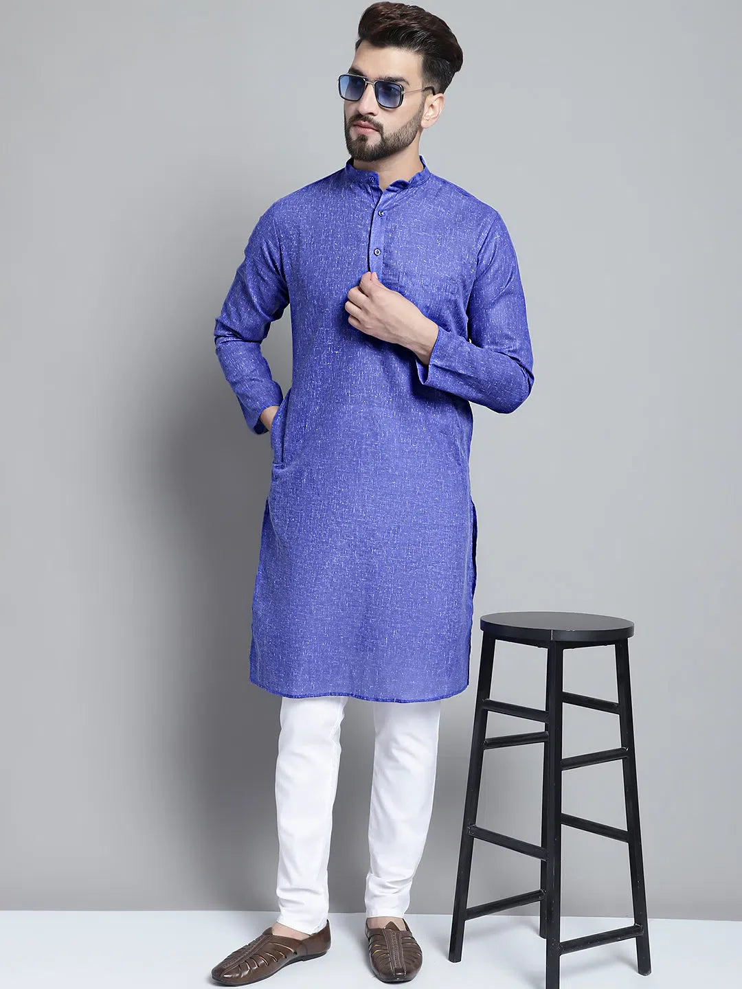 Blue Cotton Mens Kurta Pajama Set | Solid Kurta Pajama Online