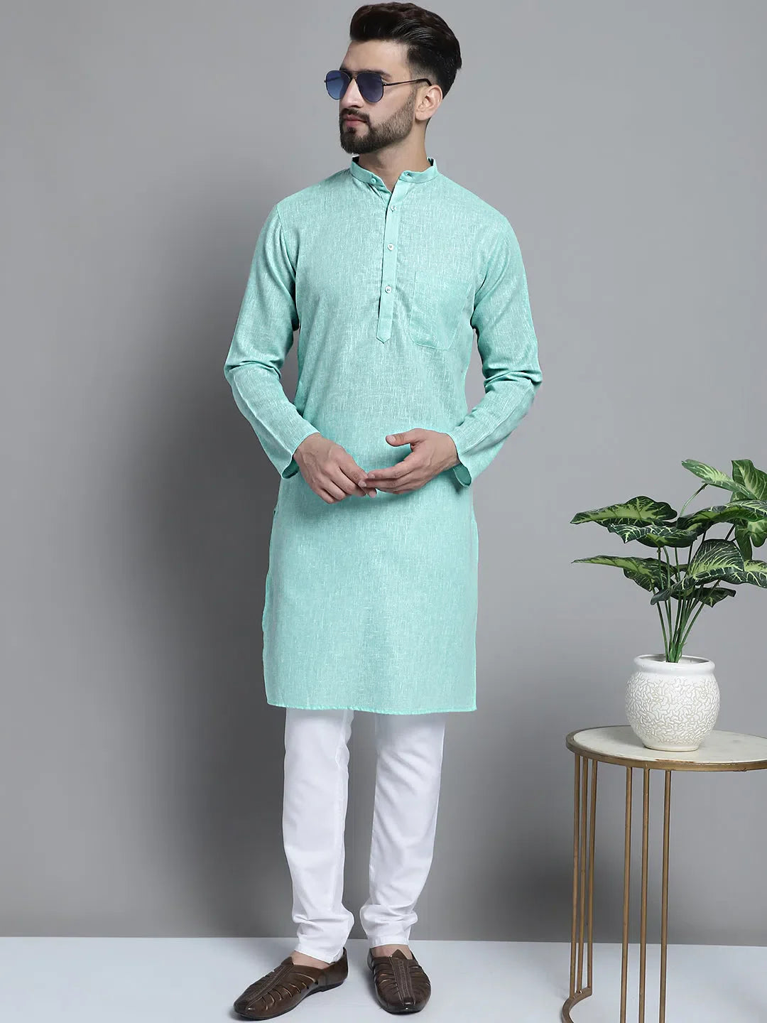 Green Cotton Kurta for Men | Solid Mens Kurta Pajama Set