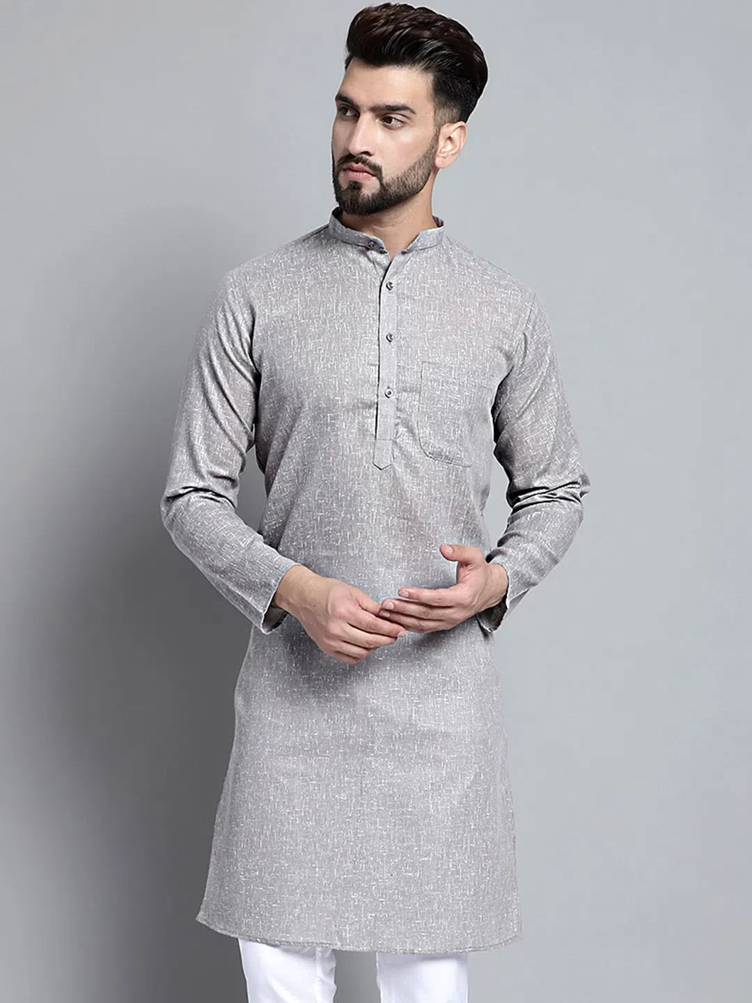 Grey Cotton Mens Kurta Pajama Set | Solid Cotton Kurta