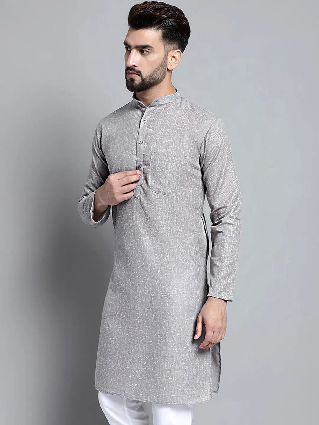 Grey Cotton Mens Kurta Pajama Set | Solid Cotton Kurta