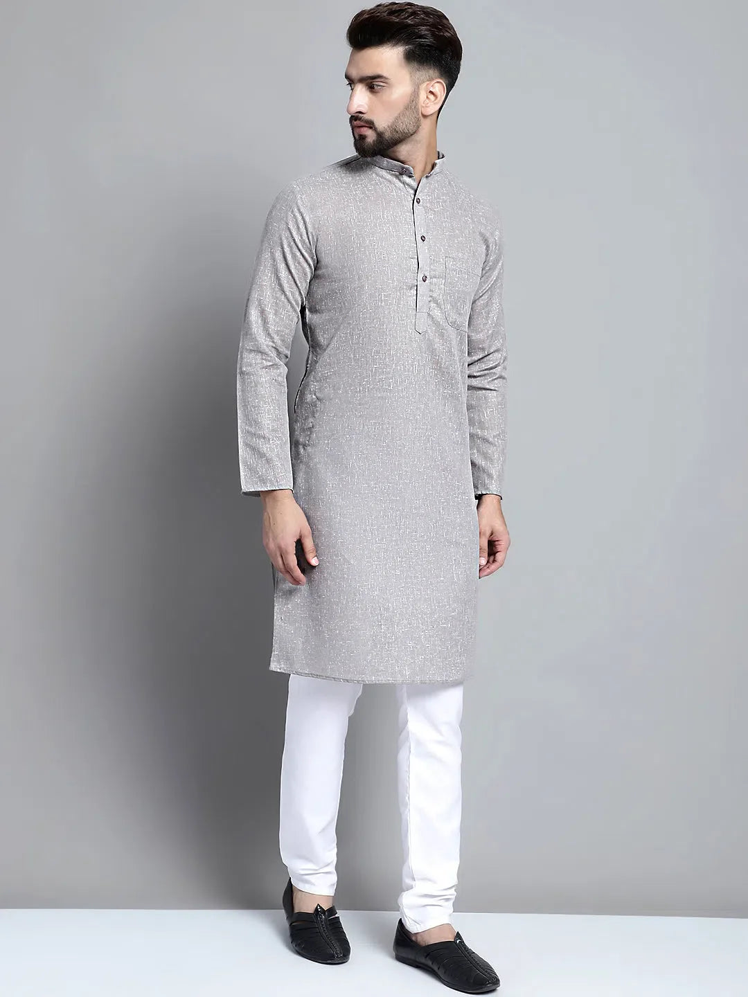 Grey Cotton Mens Kurta Pajama Set | Solid Cotton Kurta