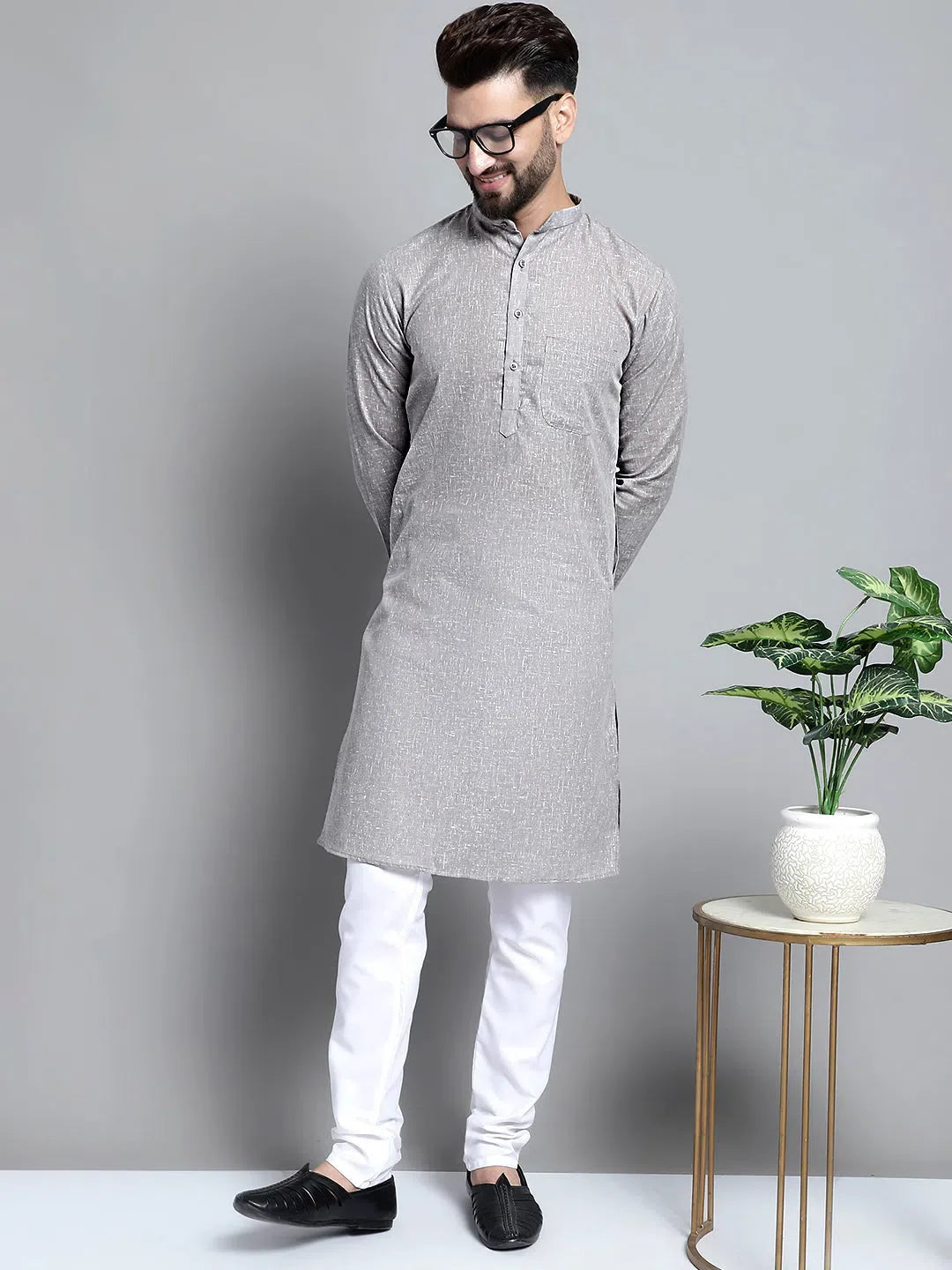 Grey Cotton Mens Kurta Pajama Set | Solid Cotton Kurta