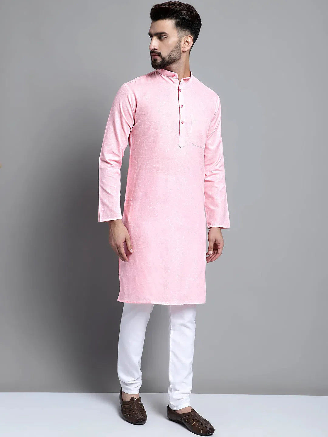 Pink Solid Cotton Kurta | Mens Kurta Pajama Separates