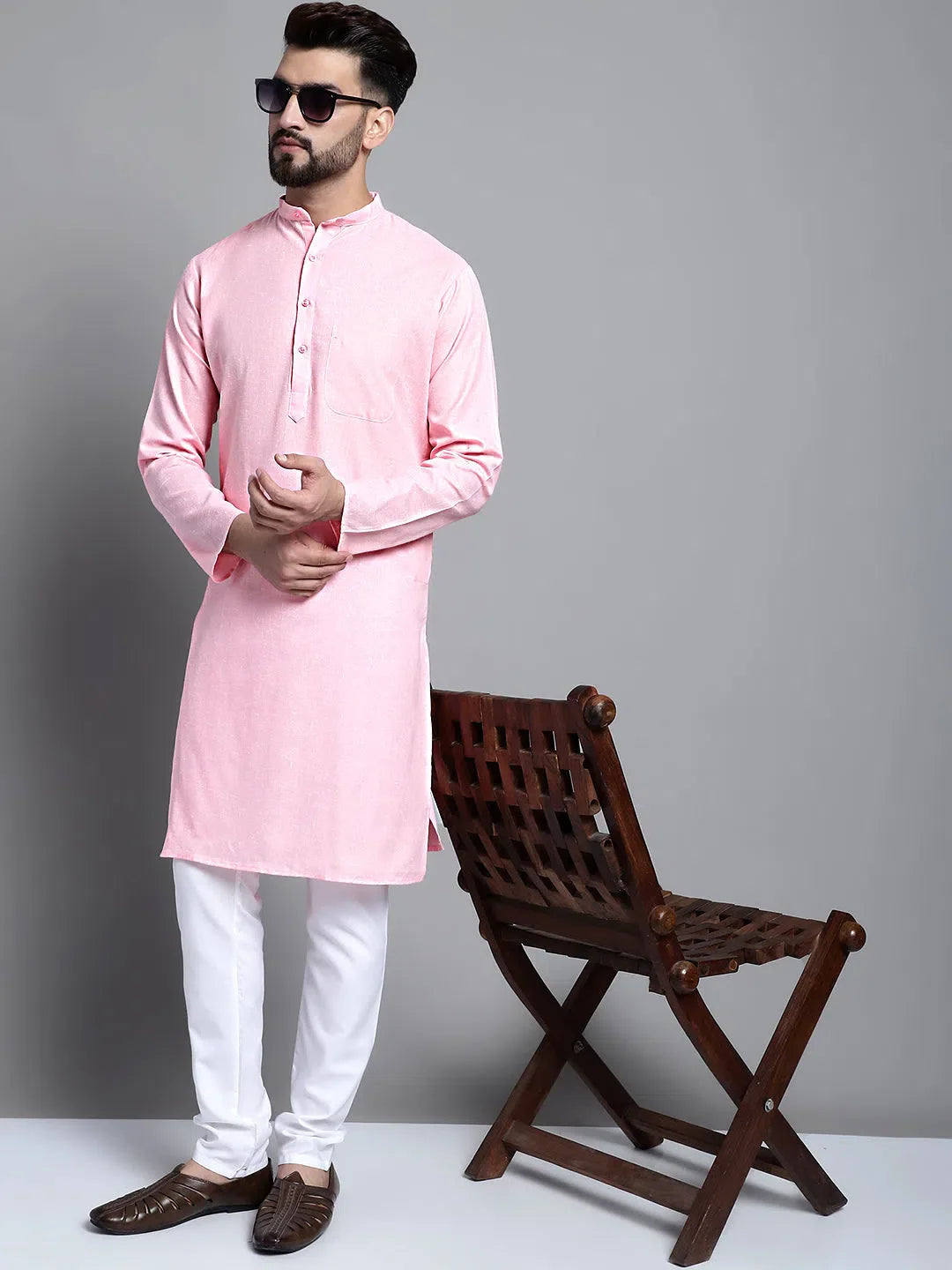 Pink Solid Cotton Kurta | Mens Kurta Pajama Separates