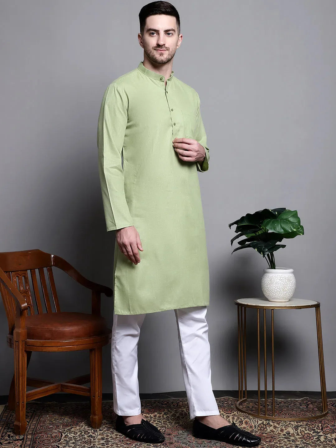 Pista Green Cotton Kurta for Men | Casual Mens Kurta Pajama