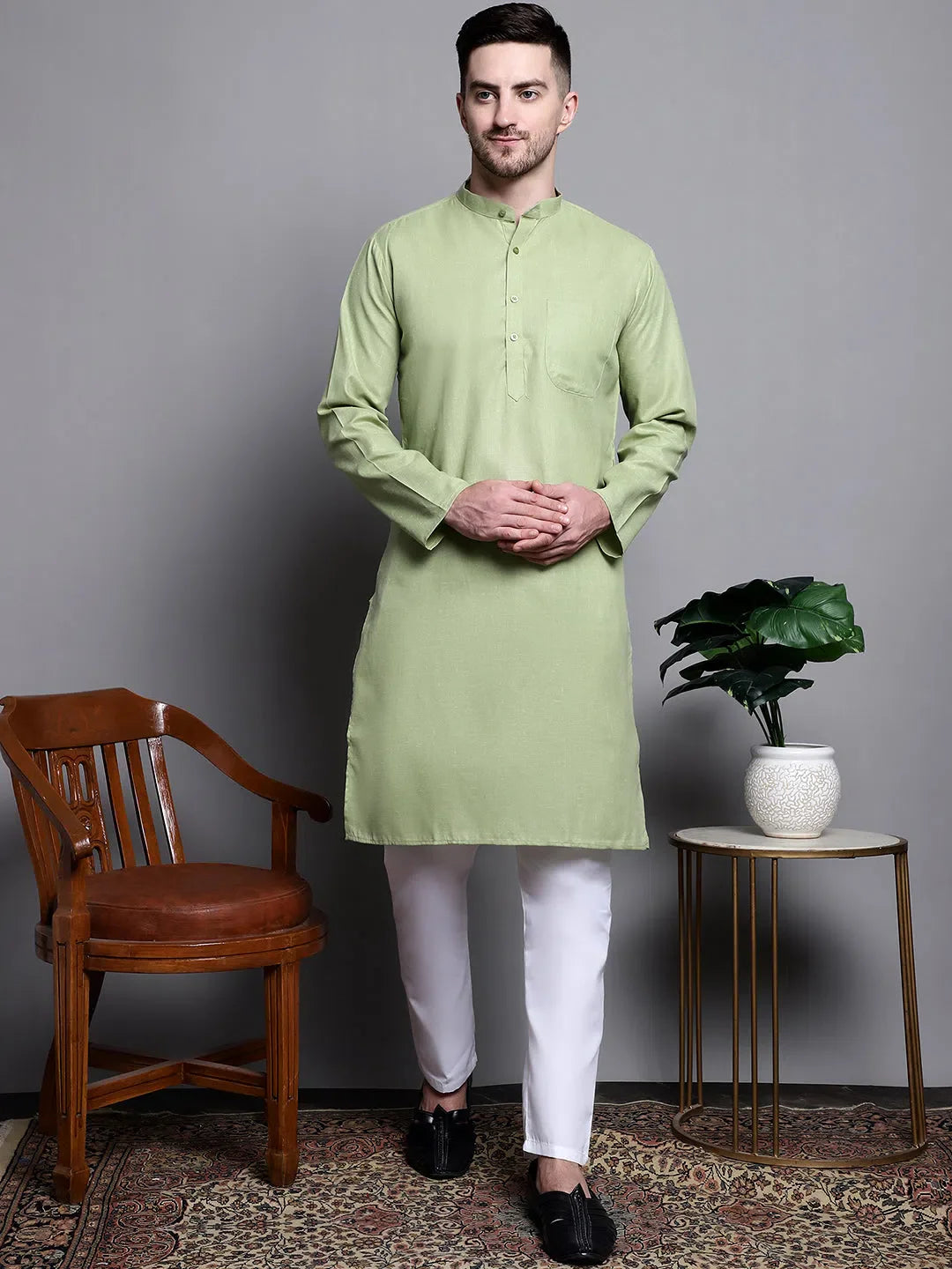 Pista Green Cotton Kurta for Men | Casual Mens Kurta Pajama