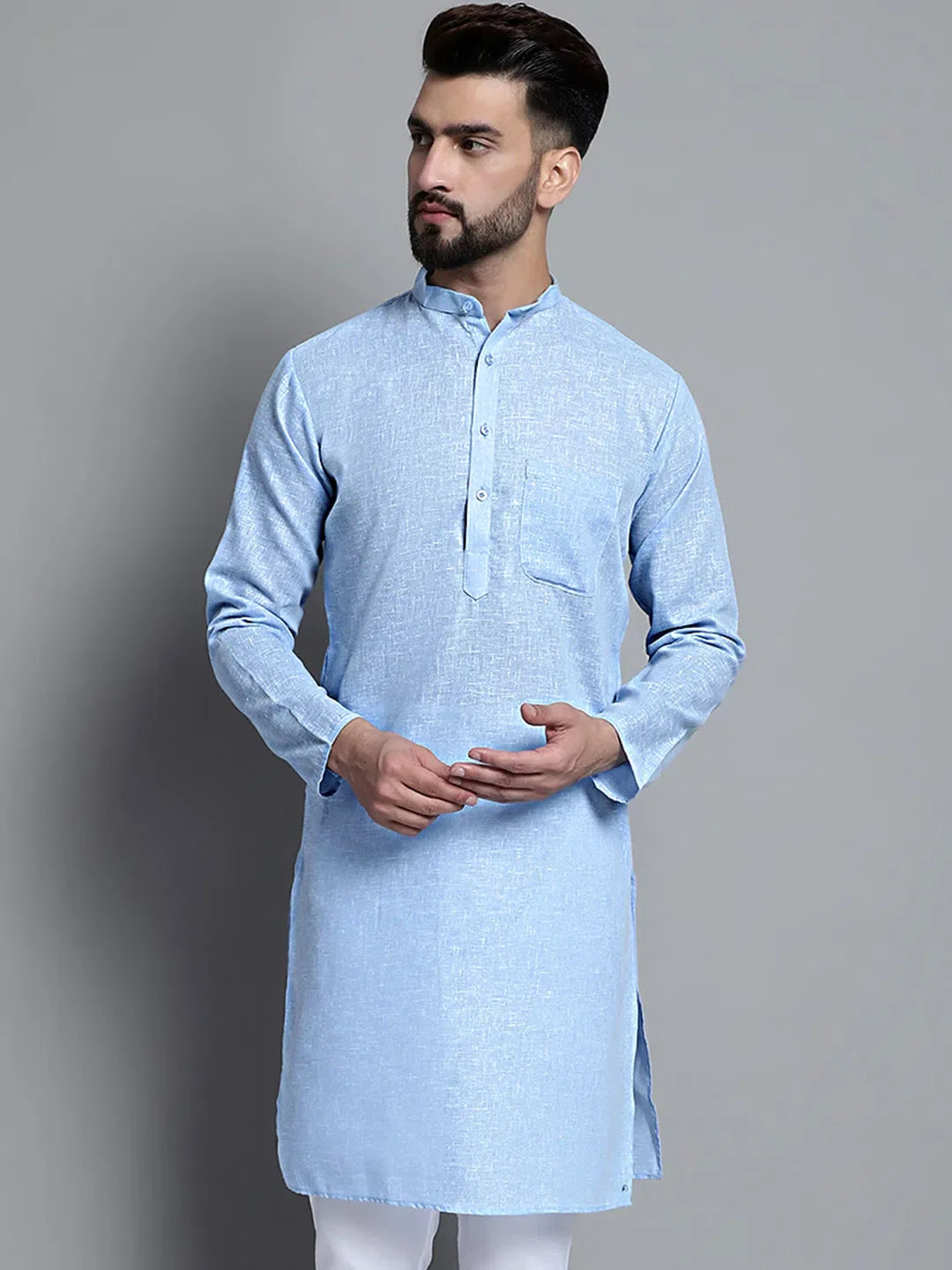 Sky Blue Cotton Kurta: Mens Kurta Pajama Set - Solid Style