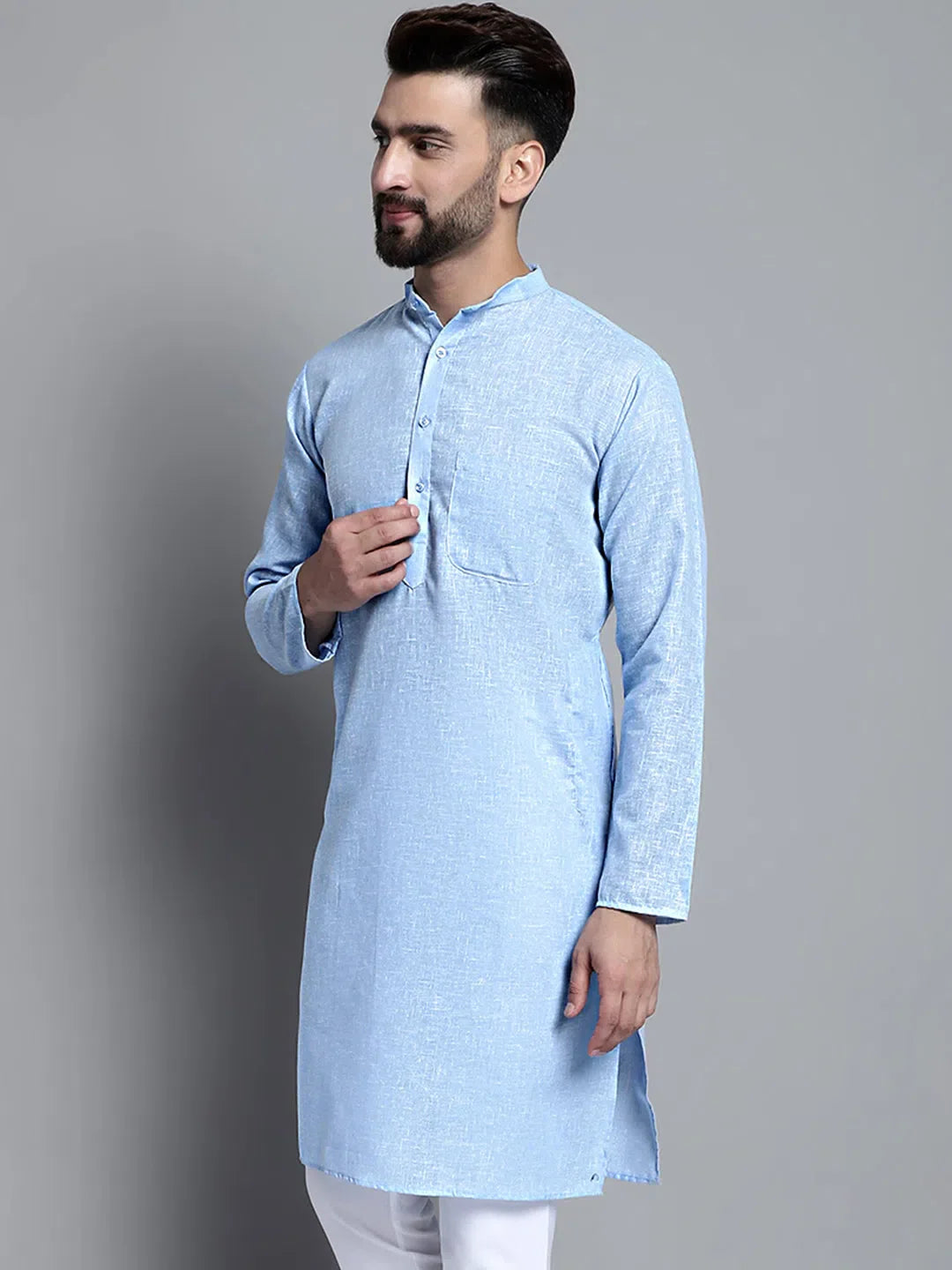 Sky Blue Cotton Kurta: Mens Kurta Pajama Set - Solid Style