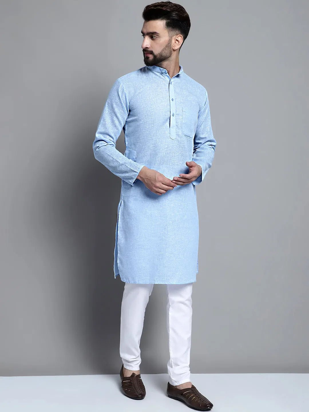 Sky Blue Cotton Kurta: Mens Kurta Pajama Set - Solid Style