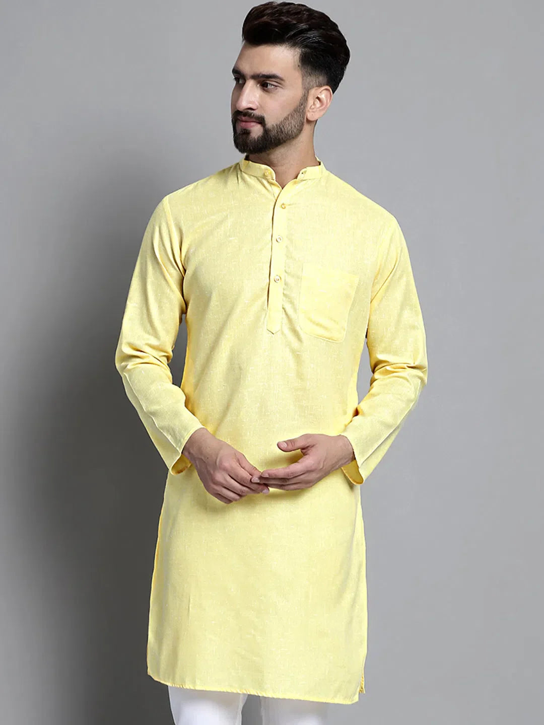 Yellow Solid Cotton Kurta | Mens Kurta Pajama Set Option
