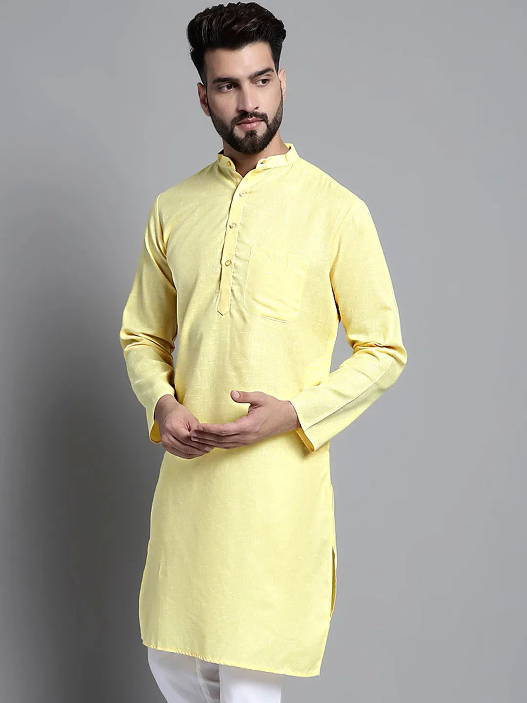 Yellow Solid Cotton Kurta | Mens Kurta Pajama Set Option