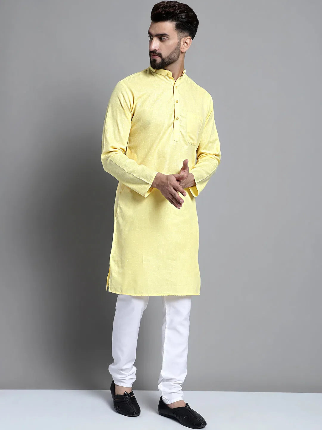 Yellow Solid Cotton Kurta | Mens Kurta Pajama Set Option