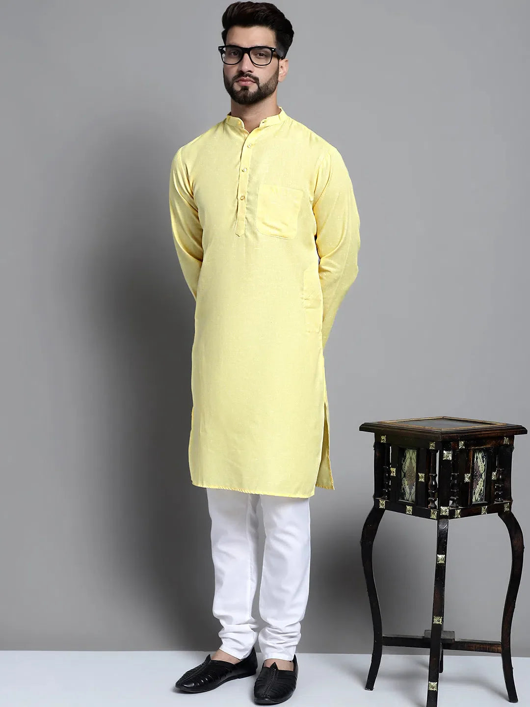 Yellow Solid Cotton Kurta | Mens Kurta Pajama Set Option